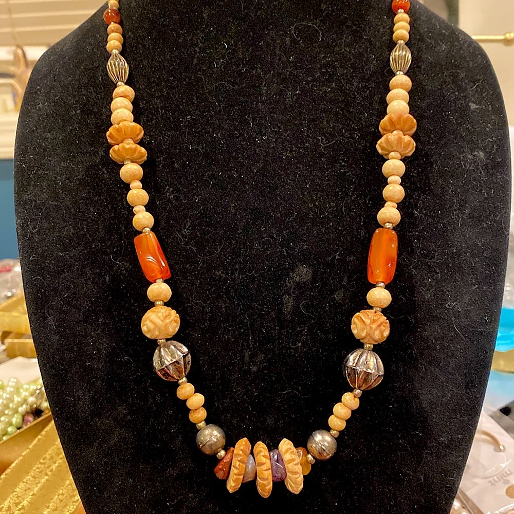Carnelian and OrganicBeaded Necklace. Silver Tone Findings. No Clasp